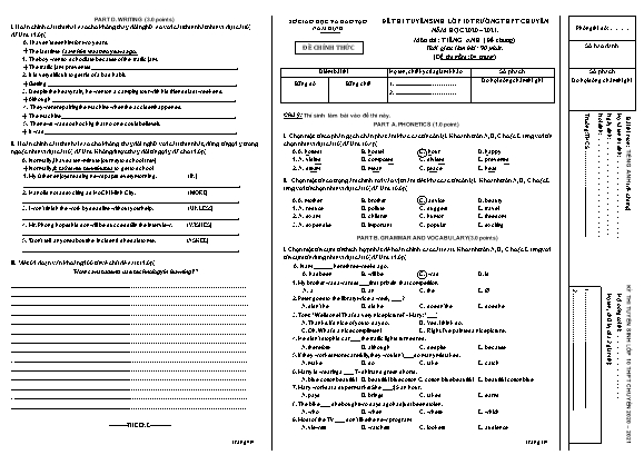 Đề thi tuyển sinh Lớp 10 trường THPT Chuyên môn Tiếng Anh (Đề chung) - Năm học 2020-2021